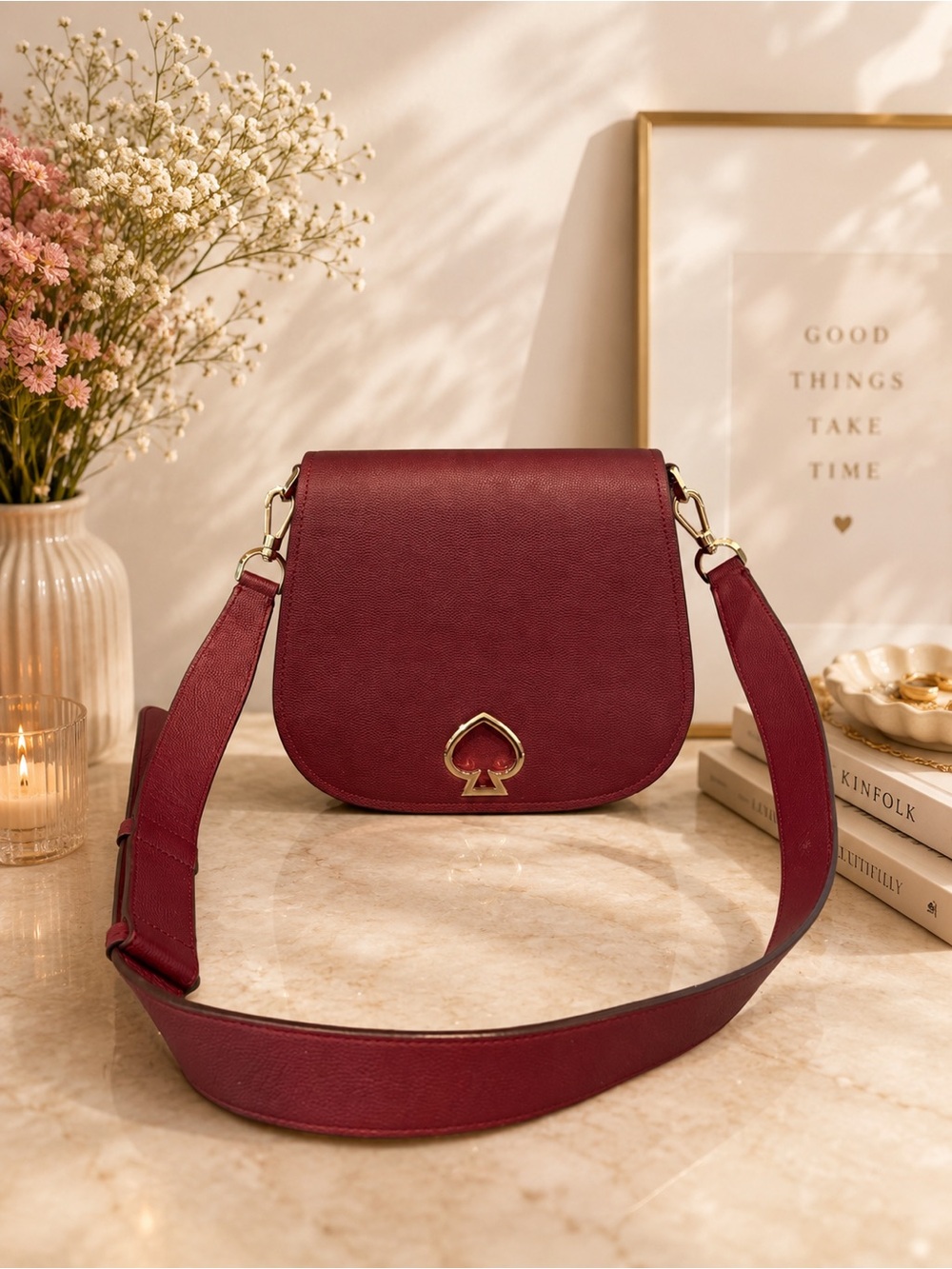 Kate Spade Large Suzy Saddle Bag Egg Plant Leather Strap Silver Burgundy EUC